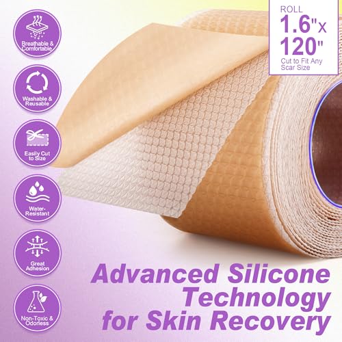 FRESINIDER Silicone Scar Sheets Roll - 1.6" X 120" (3 Meters) Silicone Scar Tape for Surgical C-Section Tummy Tuck, Keloid Burn Acne - Extra Long & Reusable Professional Scar Removal Strips