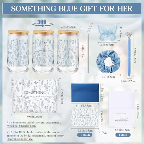 48 Pcs Bridesmaid Gifts Proposal Bulk Something Blue Crew Gift Blue Hair Scrunchies Proposal 16 Oz Glass Cup Makeup Bag Butterfly Clips Card Envelope Pen for Bachelorette Bridal Shower Decor