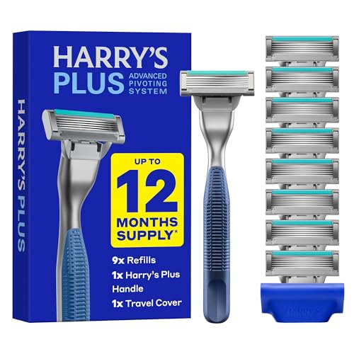 Harry's Plus Razor Value Pack - Premium Handle and 9 Razor Blade Cartridges - Advanced Pivoting System - Shaving Kit for Men - Tide