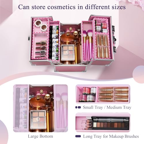 Mermaid Pink Makeup Case with 4 Trays & Lock | Travel Organizer