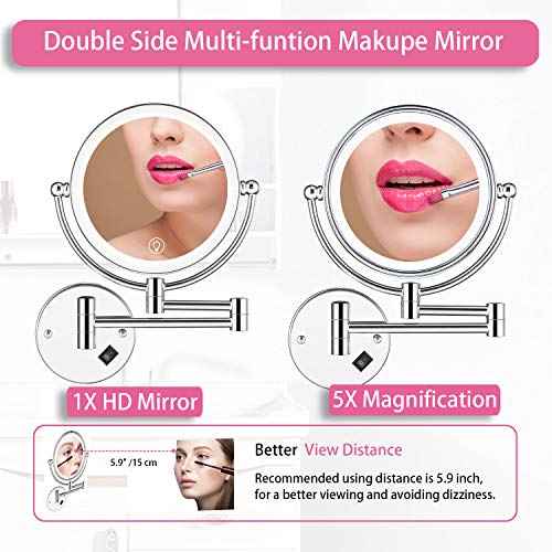 Wall Mounted Lighted Makeup Mirror, 8 Inch Double-Sided 1X 5X Magnifying Mirror for Bathroom, 11'' Extendable Arm, 360¡Æ Swivel, Touch DimmableLED Lights, Powered by Plug in, Chrome