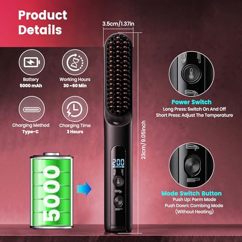 Cordless Hair Straightener Brush 2-in-1 with Curler & 4 Heat Settings