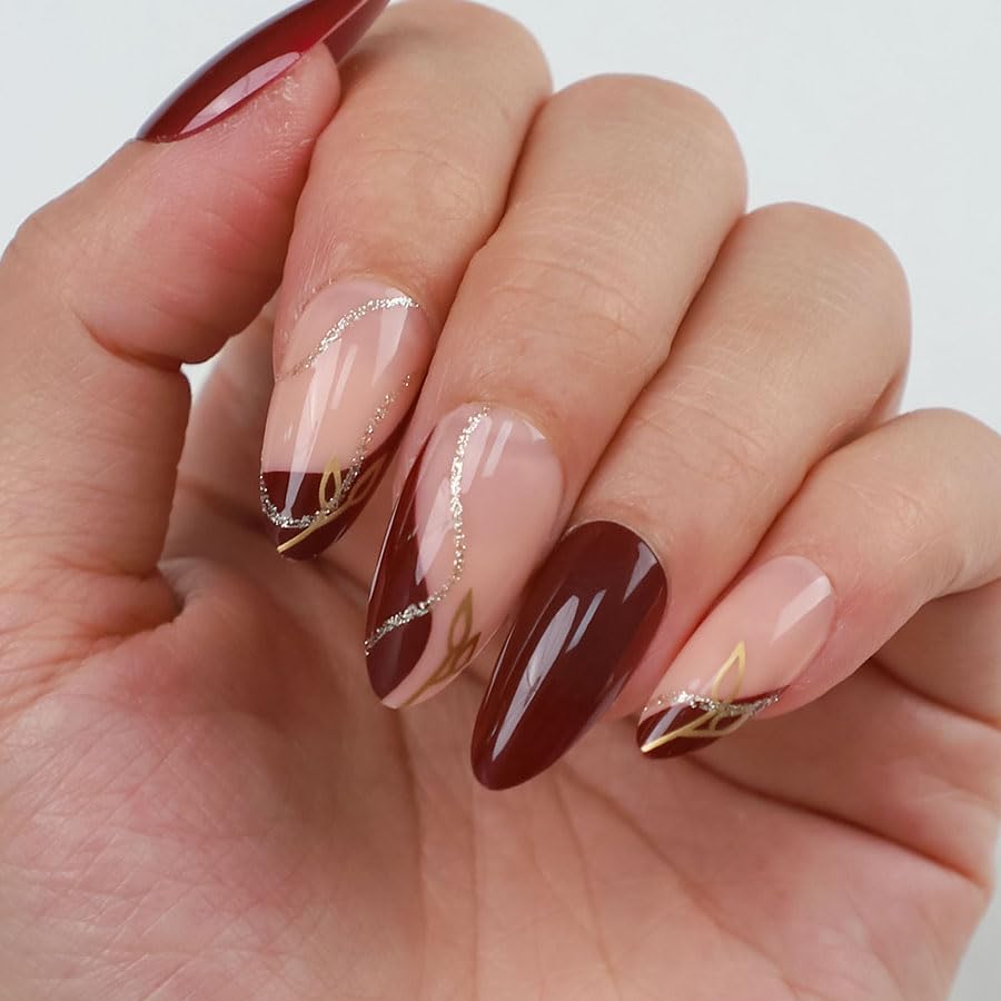 Press on Nails Short,24pcs Anyos French Gold Lines Glitter Design Fake Full Cover Acrylic ons for Women Girls with 1 Nail Gule (Almond Glitter Red 2)