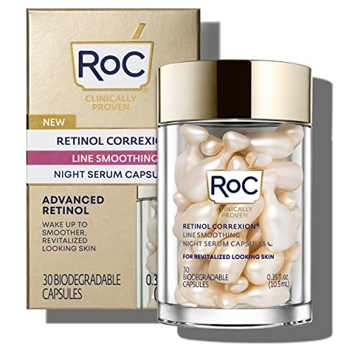 RoC Retinol Correxion Anti-Aging Wrinkle Night Serum, Daily Line Smoothing Skin Care Treatment for Fine Lines, Post-Acne Scars, 30 Individual Capsules, Unscented, 0.35 Fl Oz