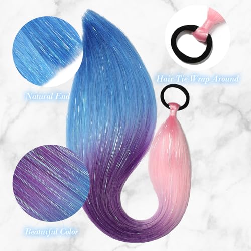 2Pcs 26-Inch Colored Hair Extensions with Tinsel - Pink, Purple, Blue Festival Style