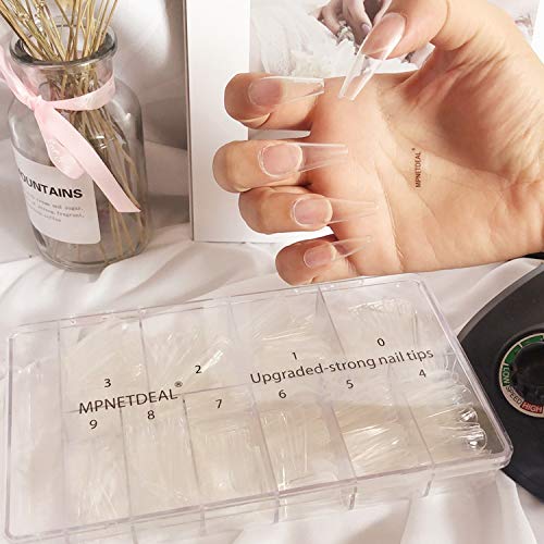 MPNETDEAL 500Pcs Coffin Nails Long Ballerina False Nail Tips Full Cover Fake Artificial Acrylic Nails Extension Tips 10 Size with a case for Nail Salon or Home Use DIY Nail Art (Clear)