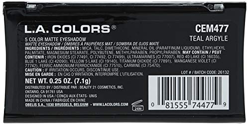 L.A. COLORS 5 Color Matte Eyeshadow Palette, Teal Argyle