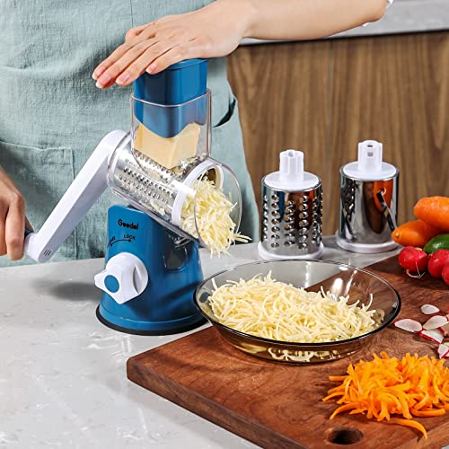 Geedel Rotary Cheese Grater, Kitchen Mandoline Vegetable Slicer with 3 Interchangeable Blades, Easy to Clean Rotary Grater Slicer for Fruit, Vegetables, Nuts