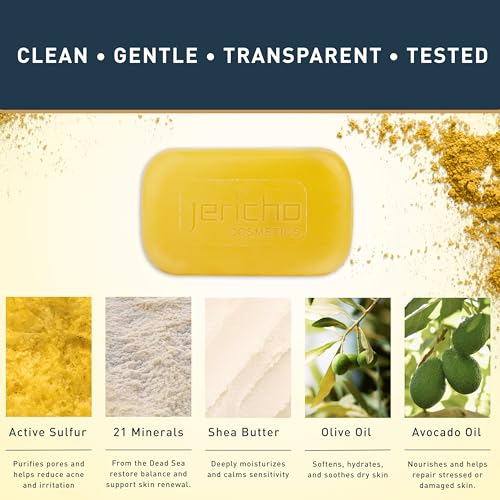 Jericho Dead Sea Sulfur Soap with Olive Oil ? Helps with Acne, Psoriasis, Eczema & Blackheads ? For Oily to Normal Skin ? Vegan Face & Body Bar for Men & Women, 4.4 Oz / 125 g (Pack of 6)