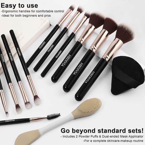 14-Piece Black Makeup Brush Set with Powder Puffs & Case
