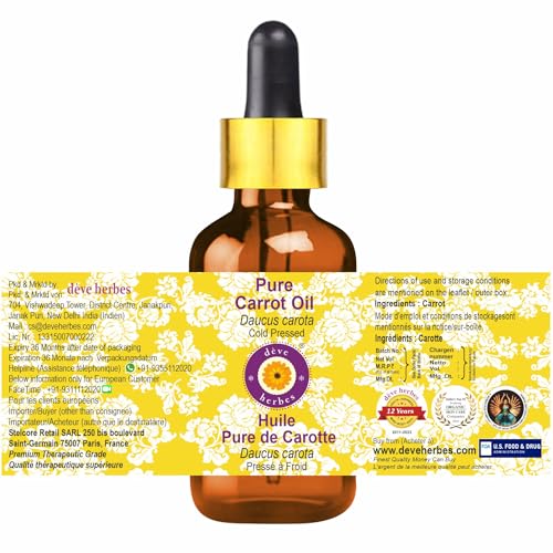 Deve Herbes Pure Carrot Oil (Daucus carota) with Glass Dropper Cold Pressed 10ml (0.33 oz)