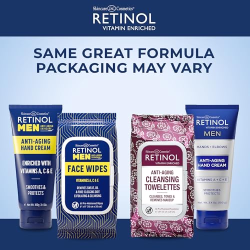 Retinol Men Anti- Aging Facial Wipes - Quickly cleanses Face from Sweat, Oil and Pore-Clogging Dirt without any heavy residue + Retinol Men Anti-Aging Hand Cream For Younger Looking Hands