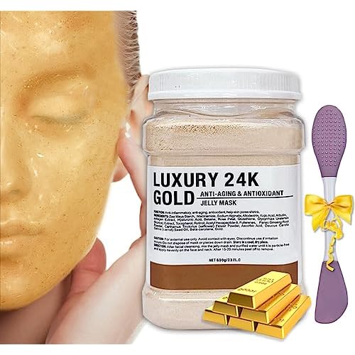 Jelly Mask Powder for Facials,Hyalorunic Acid Moisturizing Jelly Face Mask,24k Gold Jelly Face Mask,Face Masks with Double-ended Silicone Brush, 23 Fl Oz