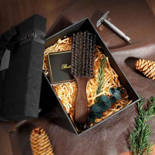 Wild Boar Bristle Hair Brush for Men - Slick Back Hair Brush - Stiff Boar Bristles for Thick Hair, Natural Black Walnut Wooden Handle Hairbrush, Beard Mustache Brush by GAINWELL