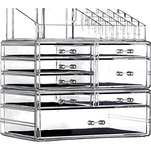 Cq acrylic 3 Pack Clear Make Up Organizer Countertop,Stackable 8 Drawers Makeup Storage,Cute Vanity Organizers for Dresser Hair Clip,Jewelry,Beauty Product Desk and Bathroom Organizers and Storage
