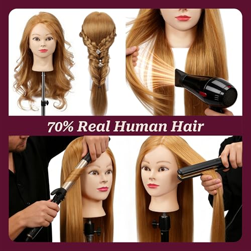 26-28 Inch Mannequin Head with Real Human Hair for Hairdressing Practice, Blonde Model, Includes Clamp & Tools