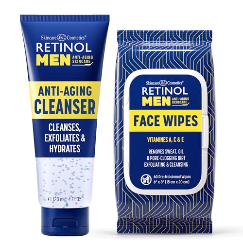 Retinol Men's Gel Cleanser Gently Exfoliates skin for Improved Texture Men Anti- Aging Facial Wipes - Quickly cleanses Face from sweat, oil and pore-clogging dirt without any heavy residue