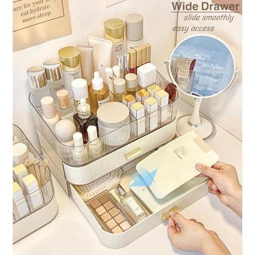 Makeup Organizer With Stackable Drawer, Cosmetic Storage Display Case for Vanity, Bathroom Countertop or Dresser,Counter top Holder for Lipstick, Brushes, Lotions, Eyeshadow, Nail Polish