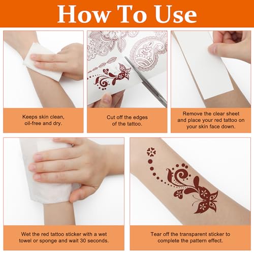 AHIER Temporary Tattoos for Women, 6 Sheets Henna Stickers, Waterproof Red Henna Tattoo Stickers for Women