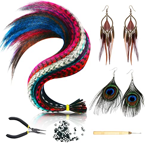 Hair Feathers Extensions Kit 50 Strands 16 Inches Colored Synthetic Polyester Fiber Wig Straight & Rooster & Peacock Feather Earrings with Simple Tools for Women Girls Christmas Party Hair Accessories