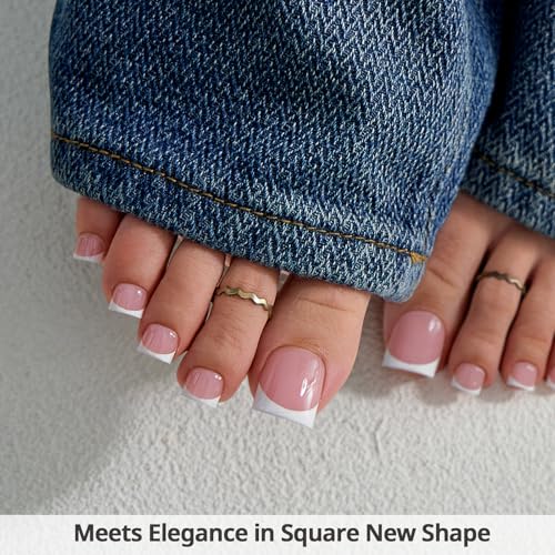 BTArtbox Pink French Tip Press On Toenails - Sharp Square Gel Kit, 30 Count