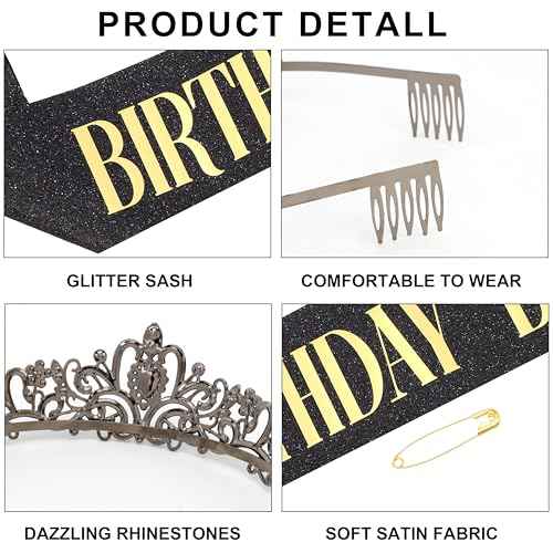Birthday Baddie Sash and Crown for Women Girls - Black Glitter with Gold Foil Birthday Girl Sash and Crown Funny Birthday Party Favor Supplies