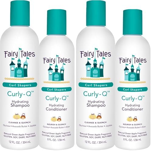 Fairy Tales Curly Q Hydrating Kids Shampoo 12oz and Conditioner 8oz - Paraben, Sulfate, Gluten, and Nut Free - For All Curl Types Including Multi Cultural Hair (4 Pack)