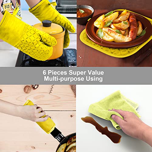 KEGOUU Oven Mitts and Pot Holders 6pcs Set, Kitchen Oven Glove High Heat Resistant 500 Degree Extra Long Oven Mitts and Potholder with Non-Slip Silicone Surface for Cooking (Yellow)