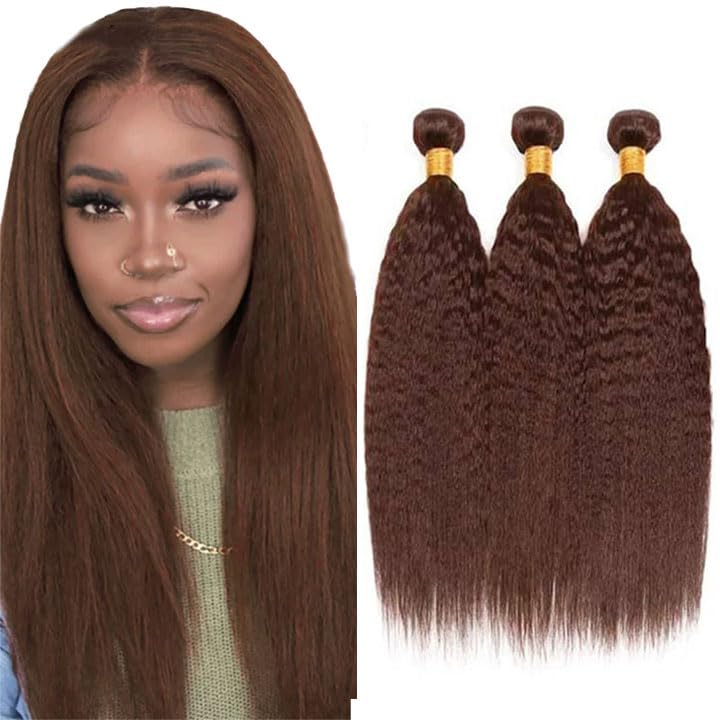 #4 Brown Kinky Straight Human Hair Bundles - 3 Pack, 24-28 Inch