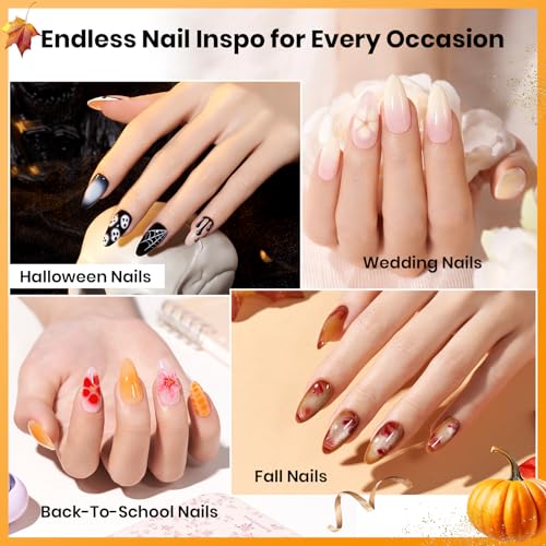 Beetles Gel Nail Kit Short Almond with Nail Dehydrator and Primer, 576Pcs Half Matte Etch-X Nail Tips Solid Nail Glue Mini Nail Lamp Nail Extension Set Gift, with Blooming Gel 15ml for Spreading Effec