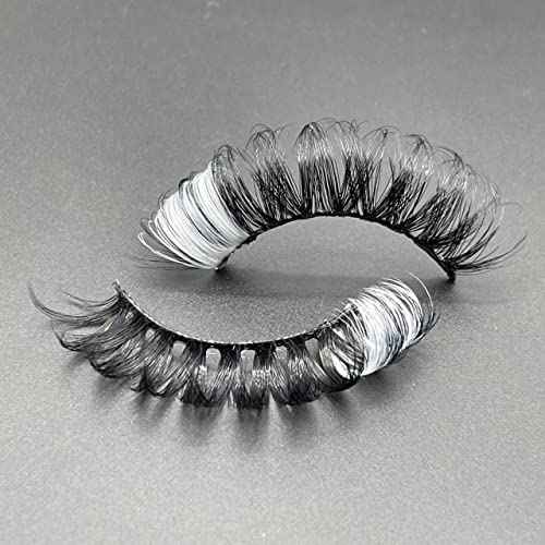 1 Pair Lashes Strip with White for Festivals, 3D Russian Curl False Eyelashes Color Decal, Black Lash Strip with Gray Sparkly, Cruelty-Free Faux Mink 16 MM for Women Makeup(White)