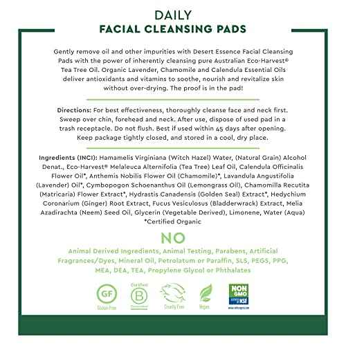 Desert Essence Natural Tea Tree Oil Facial Cleansing Pads - 50 Count - Pack of 3 - Face Cleanser - Soothes & Calms Skin - Makeup Remover Pads - Removes Oil & Dirt - Great for Travel - Essential Oils