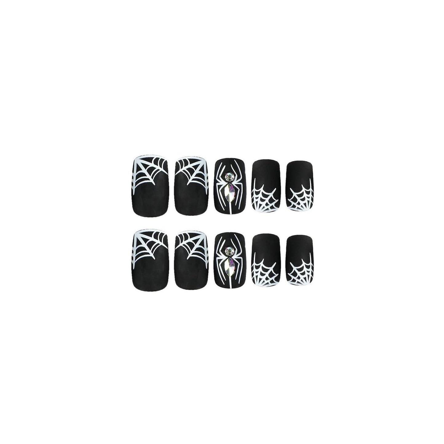 Halloween Press on Nails Medium False Nails with White Spider Web Rhinestones Designs Full Cover Black Acrylic Nails Matte Fake Nails with Nail Glue for Women Girls Nails Supplies