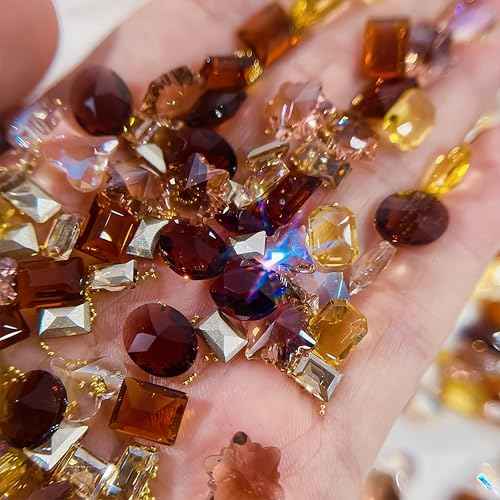 100Pcs Autumn Winter Crystal Brown Orange Yellow Nail Art Rhinestones Pointed Bottom Multi Shapes Nail Supplies Heart Snowflake Maillard Color Diamonds Nail Gem Nail Jewelry for Women Acrylic Supplies