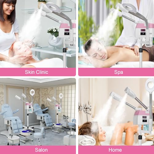 Professional 3-in-1 Facial Steamer with 5X Magnifying Lamp & Wheels