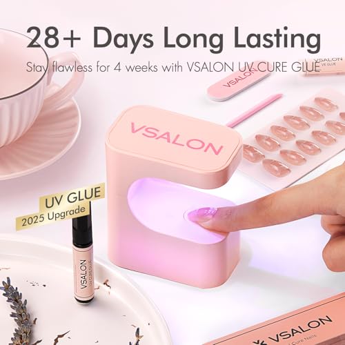 VSALON Press On Nails Short Almond Lavender Purple Cat Eye Design, 32 Pcs in 16 Sizes, Reusable Nail Kit with Long-Lasting UV Glue, Adhesive Tabs, Nail Glue & Nail Lamp