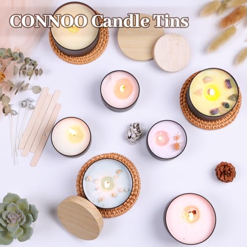 CONNOO 24 Pack Candle Tins - 12x8oz & 12x4oz with Wood-Grain Lids