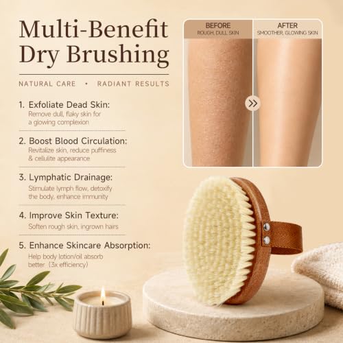 Dry Brushing Body Brush with Pure Boar Bristles & Ebony Wood