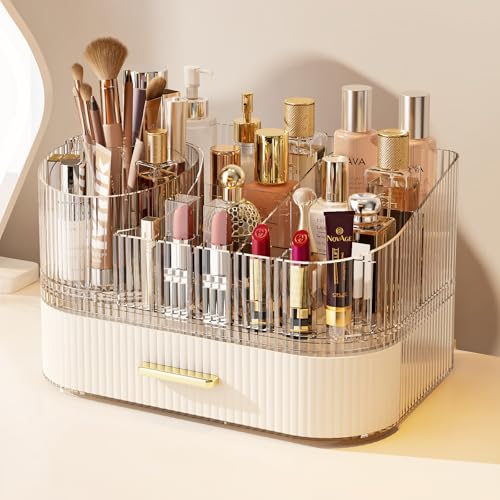 Makeup Organizer with 360¡Æ Rotating Brush Holder and Stackable Drawers, Cosmetic Display Case for Vanity, Bathroom Countertop (White, 2 Layer)