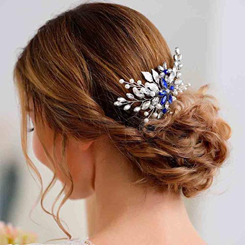 Blue Rhinestone Wedding Hair Comb with Silver Alloy