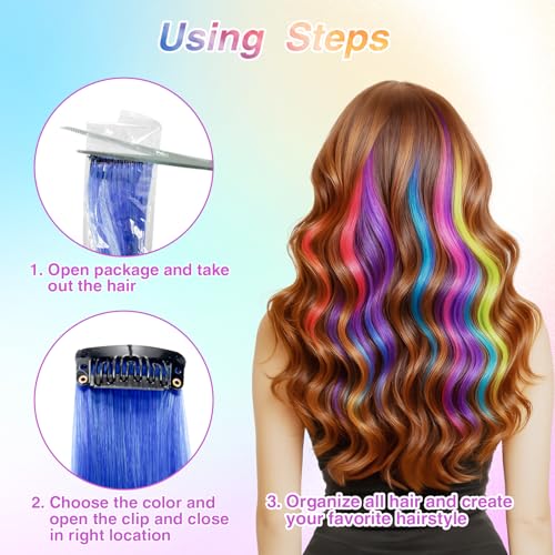 32 PCS Clip in Hair Extensions for Kids, 20 Inch Rainbow