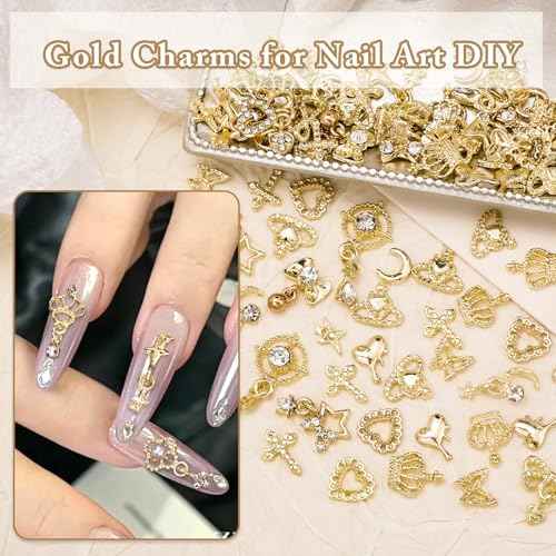 100 Pcs Gold Nail Charms and Gems, Gold Dangle Star Bows Nail Gems Charms, Metal Crown Heart Butterfly Charms for Acrylic Nail Art Alloy Cross Nail Charms for Women DIY Accessories