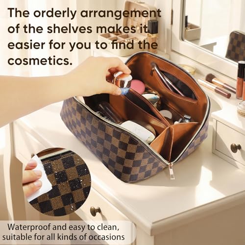 Leather Travel Makeup Bag, Large Capacity Cosmetic Bag for Women, Waterproof Portable Pouch with Divider, Toiletry Organizer with Handle, 10.5x5x5 Inches, Deep Brown
