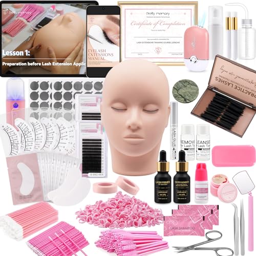 Pretty memory Eyelash Extension Kit with Training Course, PDF Guide & Certificate ? Complete 446 Pcs Lash Practice Set with Mannequin Head, Glue, Tweezers, Fan, Primer & Bonder for Beginners