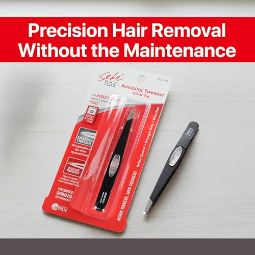SEKI EDGE SS-518 Amazing Tweezer - Slant Tip with Tension Stopper - Stainless Steel -Black- Crafted with Patented Spring Technology for Precision and Flawless Eyebrow and Hair Removal - Made in Japan