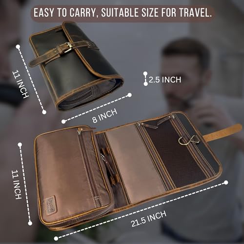 RUSTIC TOWN Leather Hanging Toiletry Bag for Men - Travel Shaving Dopp Kit - Bathroom Shower Toiletries Organizer - Leather Cosmetic Makeup Bag for Women