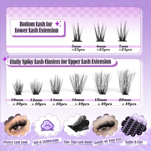 Yawamica Cluster Lash Extensions 315pcs DIY Kit with Bottom Lashes