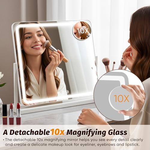 Vanity Mirror with Lights, 24"x20" Hollywood Lighted Makeup Mirror for Tabletop & Bedroom 3 Color Lighting Modes Smart Touch Control 360¡Æ Rotation Detachable