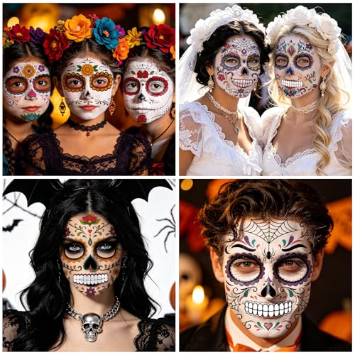 16-Pack Day of the Dead Face Tattoos | Sugar Skull Halloween