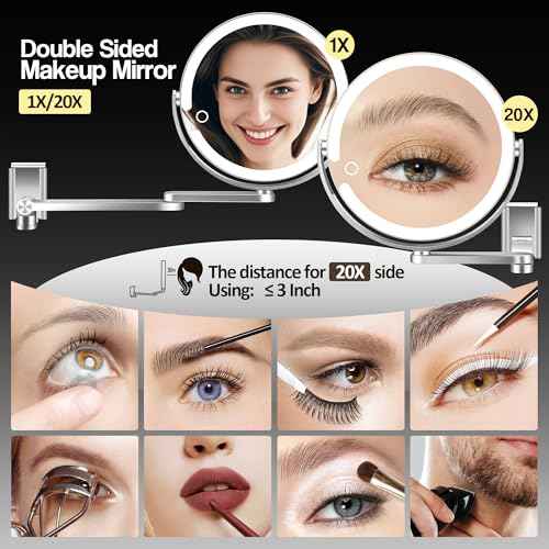 Wall Mounted Makeup Mirror, Magnifying Mirror with Light 20X/1X Double-Sided, Height Adjustable, 3 Lighted Modes, Aluminum Alloy Small Wall Mirror, Moisture & Corrosion Resistant Bathroom Use